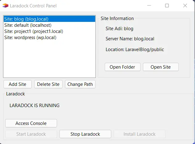 LaradockSites (C#, Windows Forms, Docker, Laravel)